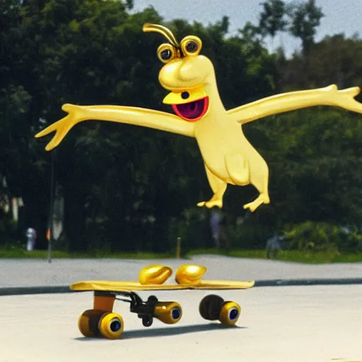 Image similar to a dodo wearing a gold chain around its neck, on a hovering skateboard without wheels, at a skate park near the beach, 1990s cartoon