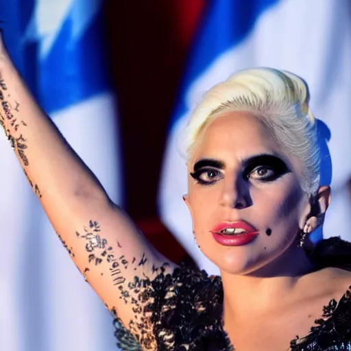 Image similar to Lady Gaga president of Argentina, Argentina flag behind, bokeh, detailed, hd, waving hands