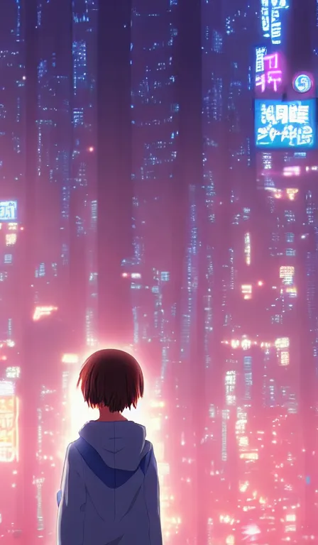Image similar to anime fine details portrait of Eleven in front of cyberpunk moder city landscape on the background deep bokeh, close-up view, anime masterpiece by Studio Ghibli. 8k, sharp high quality anime, artstation
