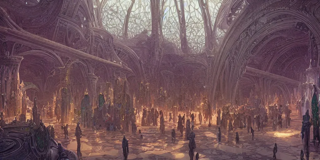 Image similar to matte illustration, cinematic shot of the interior of a scifi space station with ornate elven architecture bustling with people by jean giraud moebius, crystalline, emerald, highly detailed matte illustration by moebius, clean lines, sharp focus, intricate, elegant