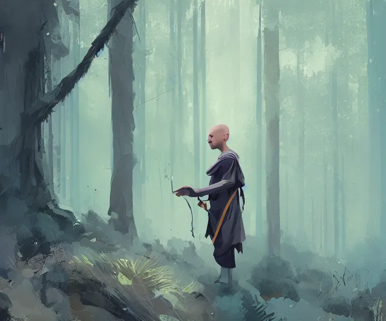 Prompt: painting portrait of a young bald blue - skinned wizard in a forest, masterpiece, trending on artstation, by ismail inceoglu