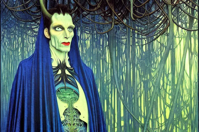 Prompt: realistic extremely detailed portrait painting of an elegantly creepy vampire man in a cape, futuristic sci-fi forest on background by Jean Delville, Amano, Yves Tanguy, Alphonse Mucha, Ernst Haeckel, Edward Robert Hughes, Roger Dean, rich moody colours, blue eyes