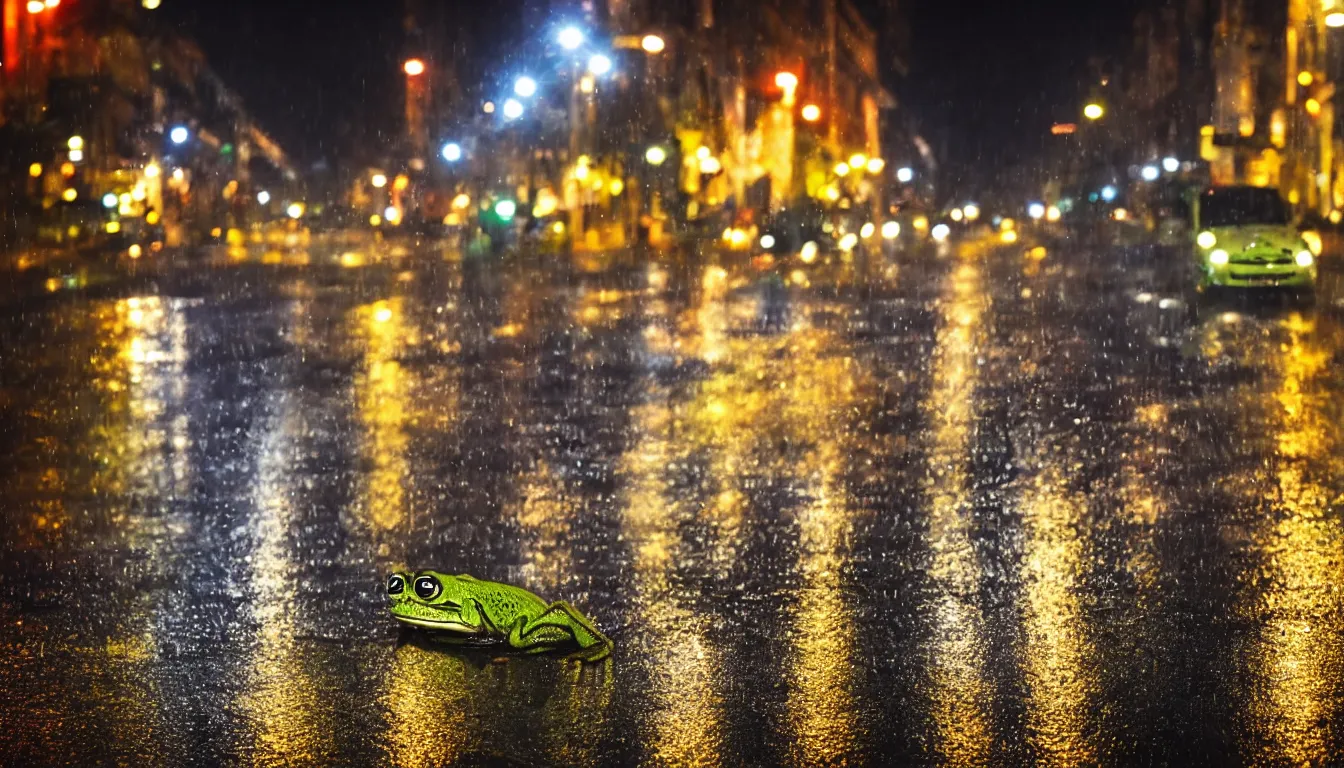 Prompt: photo, night, rain, modern street, lights, close up the fat frog on wet road