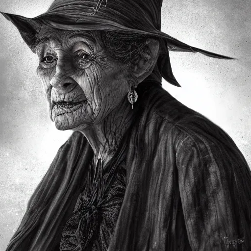 Prompt: portrait, old wrinkled witch. dark clothes. high detail, great lighting, 8k resolution, masterpiece, concept art, illustration