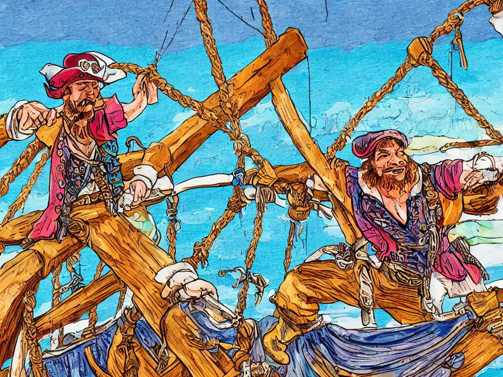 Prompt: a colorful detailed illustration of a drunk pirate barely holding on to the bowsprit of a pirate ship, long shot, captain morgan rum style