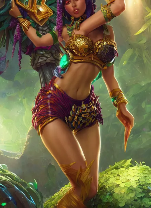 Image similar to qiyana from the jungle, from league of legends, au naturel, hyper detailed, digital art, trending in artstation, cinematic lighting, studio quality, smooth render, unreal engine 5 rendered, octane rendered, art style by klimt and nixeu and ian sprigger and wlop and krenz cushart