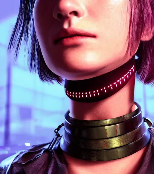 Image similar to detailed realistic female character cyberpunk wearing thick steel collar around neck, realistic, art, beautiful, 4K, collar, choker, collar around neck, punk, artstation, detailed, female, woman, choker, cyberpunk, neon, punk, collar, choker, collar around neck, thick collar, choker around neck,