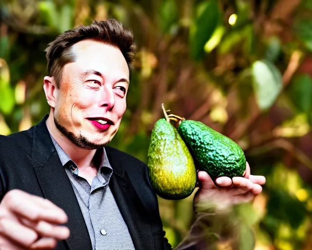 Image similar to 8 5 mm photography of elon musk the avocado man, dof and bokeh