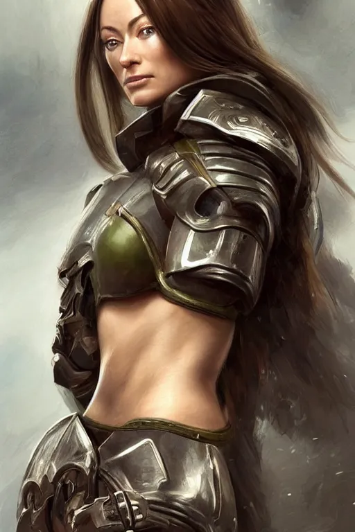 Image similar to a professional painting of a young Olivia Wilde, clothes in military armor, olive skin, long dark hair, beautiful bone structure, symmetrical facial features, intricate, elegant, digital painting, concept art, smooth, sharp focus, illustration, from StarCraft by Ruan Jia and Mandy Jurgens and Artgerm and William-Adolphe Bouguerea