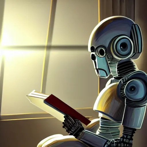 Image similar to digital painting of a droid robot reading a book, concept art, sunlight pouring through window, large scale, high detail, futuristic, godrays, volumetric lighting, warm lighting