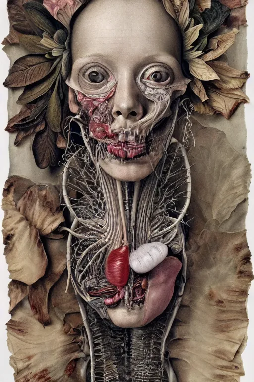 Prompt: Detailed maximalist portrait with large lips and eyes, scared expression, botanical anatomy, skeletal with extra flesh, HD mixed media, 3D collage, highly detailed and intricate, surreal illustration in the style of Jenny Saville, dark art, baroque, centred in image