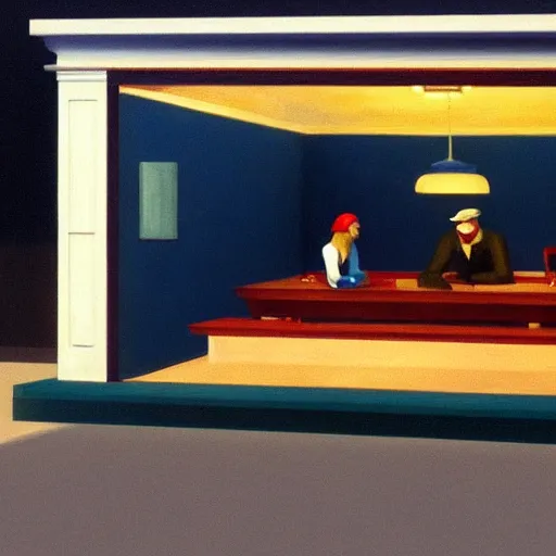 Image similar to a modern dining room design in the style of the nighthawks by edward hopper using 3 d max trending on artstation