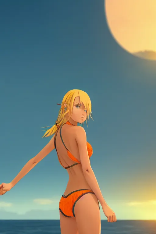 Prompt: beautiful blond woman in orange tribal bikini, blond hair pulled back, by makoto shinkai, 8 k, high resolution render, cinematic, sunset, lake, prehistoric jungle, unreal engine, clean lineart and flat color,