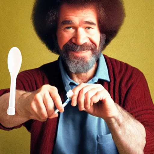 Image similar to portrait of bob ross holding a syringe and a spoon, photo