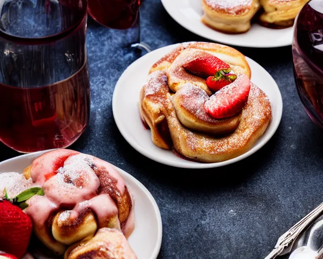 Prompt: 8 5 mm food photography of a plate of cinnamon rolls with strawberries and american pancakes at a restaurant with dof and bokeh and wine glasses o