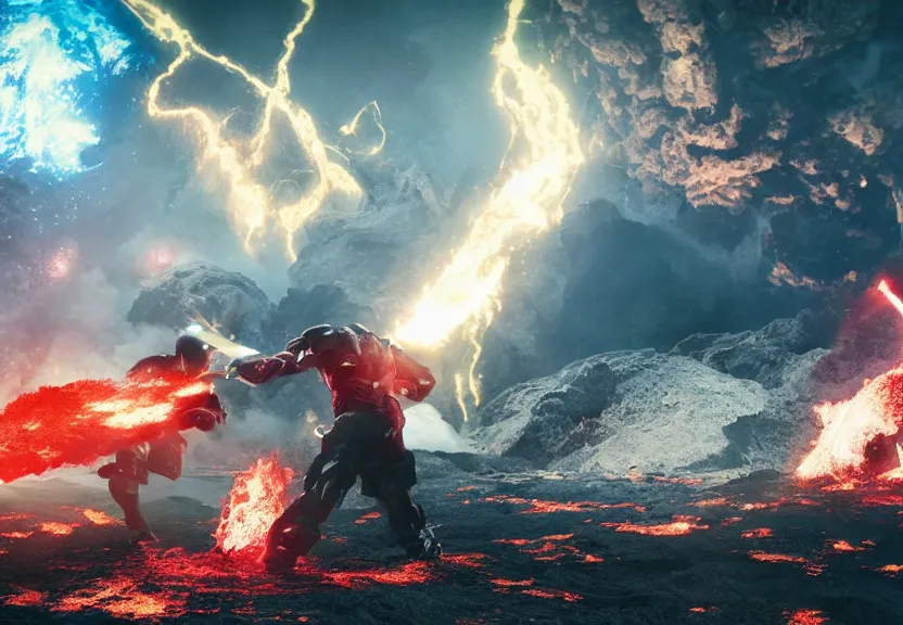 Prompt: two characters clashing & fighting over planet earth, one side water & one side fire & volcano, octane render, future