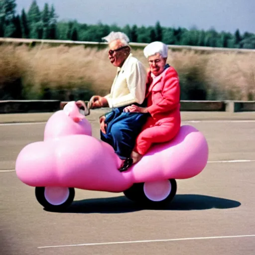 Image similar to a martin parr photo of a grandpa couple, wearing michelin man white body costumes, going super fast on a pink pig, 1 9 7 0 s kodachrome colour photo, flash on camera,