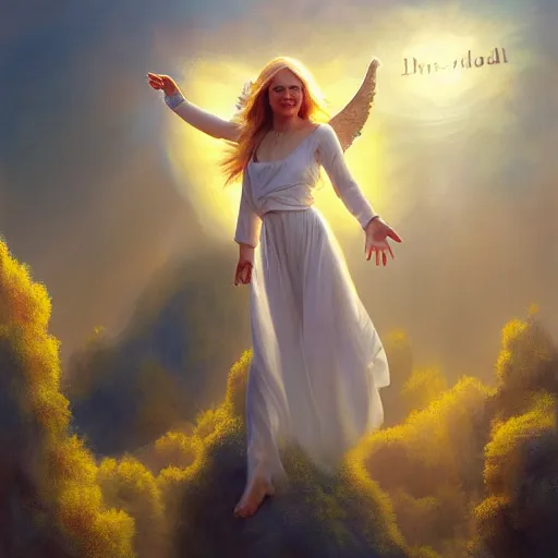 Prompt: a painting of an angel, a young woman with long blond hair and a halo smiling in heaven, jessica rossier