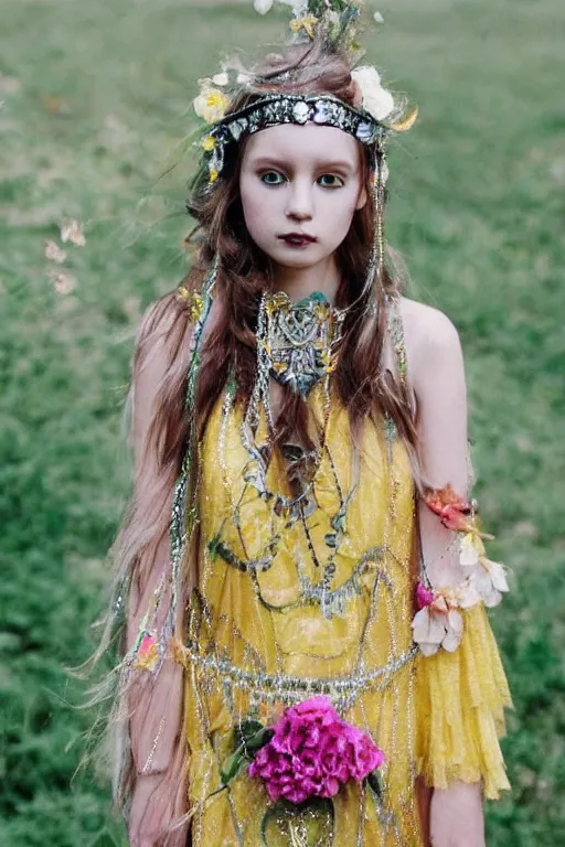 Image similar to light bohemian teen pinterest floral fantasy fashion zine photography, teen magical girl girl styled in a yellow and silver patterned bright dress layers geometric festival face paint and ornate crystal chain jewelry headpiece, elaborate enchanted ritual scene, wide shot