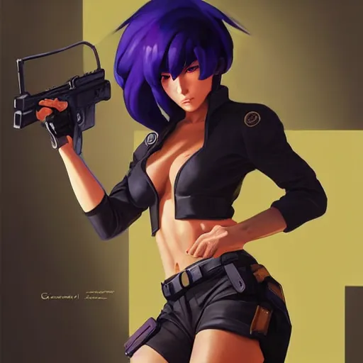 Image similar to greg manchess portrait painting of motoko kusanagi as overwatch character, totally whack, medium shot, asymmetrical, profile picture, organic painting, sunny day, matte painting, bold shapes, hard edges, street art, trending on artstation, by huang guangjian and gil elvgren and sachin teng