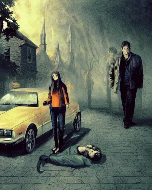 Prompt: illustration from the 2 0 0 0 s supernatural thriller'when the wallower rolls ', a high quality high detail painting by david mattingly and alan lee and dave mckean and richard corben, hd 4 k 8 k, realistic hyperdetailed scene painting, photorealistic lighting, urban horror aesthetic, composition and scene layout inspired by gregory crewdson and joshua hoffne.