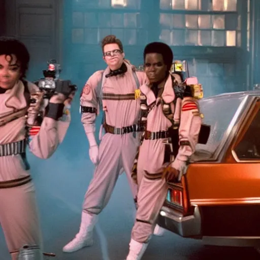 Image similar to stunning awe inspiring michael jackson as a ghostbuster in the movie ghostbusters, movie still 8 k hdr atmospheric lighting