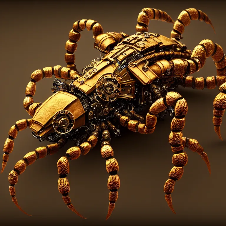 Prompt: steampunk robot scorpion, 3 d model, unreal engine realistic render, 8 k, micro detail, intricate, elegant, highly detailed, centered, digital painting, artstation, smooth, sharp focus, illustration, artgerm, tomasz alen kopera, wlop