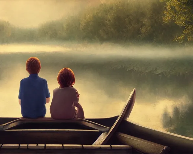 Image similar to a boy and a girl with long flowing auburn hair sitting together on the rowboat. Boy has black short hair, boy has black short hair. Atmospheric lighting, long shot, romantic, boy and girl are the focus, trees, river. Oil Painting, Trending on Artstation, octane render, Insanely Detailed, 8k, HD