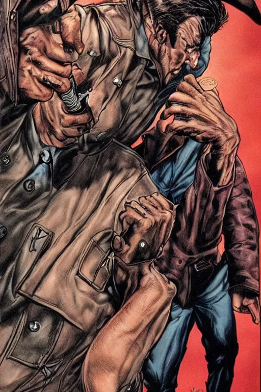 Prompt: ultra violent comic book cover of a contract killer named cobalt. he wear a brown leather jacket and a white shirt. he has a prominent scar up the side of his face. art by glenn fabry.