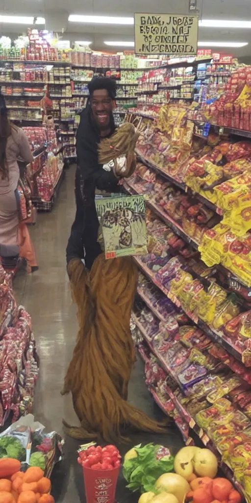 Prompt: jar jar binks shopping at a trader joes,