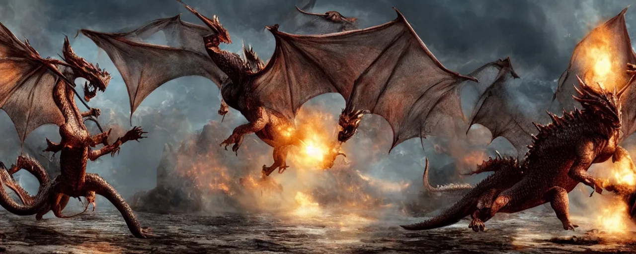Prompt: in a fantasy setting are two dragons fighting, cinematic masterpiece