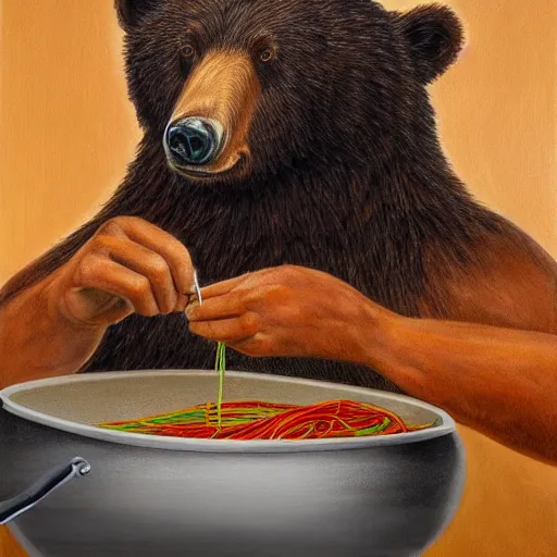 Prompt: of a bear cooking spaghetti while staring directly at the camera, wearing a cooking vest, realistic, painting, art museum, very detailed, hd, 4k, 8k, golden hour,