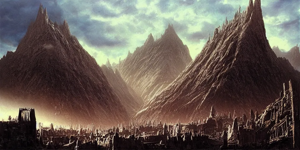 Image similar to “matte painting, helms deep, Bruce Pennington”