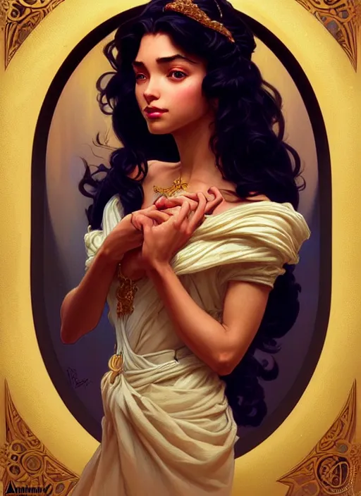 Image similar to portrait of disney esmeralda, intricate, elegant, highly detailed, my rendition, digital painting, artstation, concept art, smooth, sharp focus, illustration, art by artgerm and greg rutkowski and alphonse mucha and uang guangjian and gil elvgren and sachin teng, symmetry!!