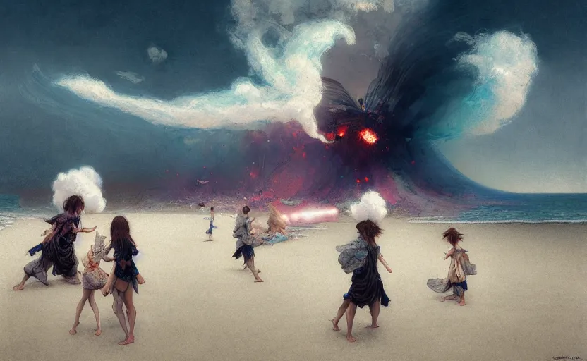 Prompt: explosion made of cotton on a beach, sea, fantasy, intricate, amazing composition, realistic, by ruan jia, by maxfield parrish, by marc simonetti, by hikari shimoda, by robert hubert, by zhang kechun, illustration, gloomy