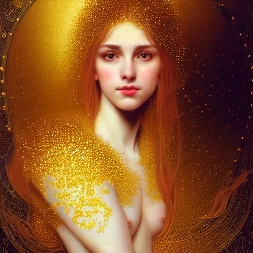 Prompt: portrait of a girl surrounded by shimmering reflective gold flakes, face, fantasy, intricate, elegant, dramatic lighting, highly detailed, lifelike, photorealistic, digital painting, artstation, concept art, smooth, sharp focus, illustration, art by John Collier and Krenz Cushart and Artem Demura and Alphonse Mucha and and Albert Aublet