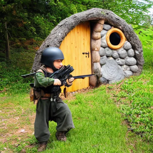 Prompt: a kid in swat gear storming a hobbit house.