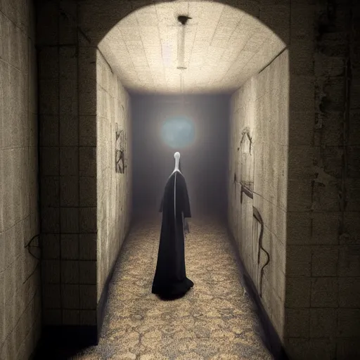 Image similar to haunted asylum with an evil nun hiding in the shadows, realistic, cinematic
