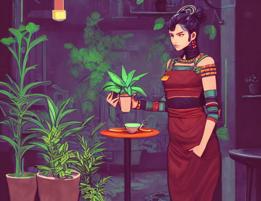 Prompt: aztec scifi barista in a well - lit cafe with potted plants, wearing a lovely dress with cyberpunk elements. this oil painting by the award - winning mangaka has an interesting color scheme and impeccable lighting.