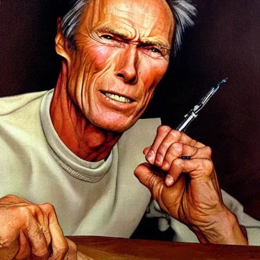 Prompt: a portrait painting of Clint Eastwood. Painted by Norman Rockwell