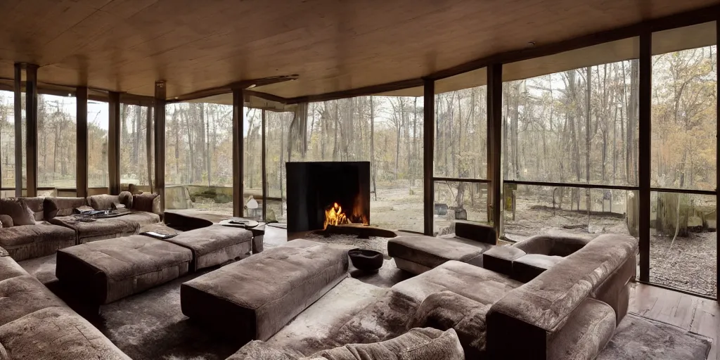 Prompt: an elegant interior photo of a sunken living room with a fireplace, dark wood , sofa, chair, end table, designed by Frank Loyd Wright, a zombie apocolypse can be seen outside