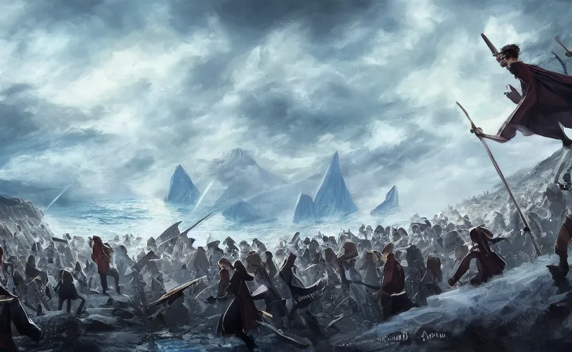 Image similar to harry potter having the final battle at the ocean against a army, artstationhq, digital painting, fantasy, anime, semi realism.