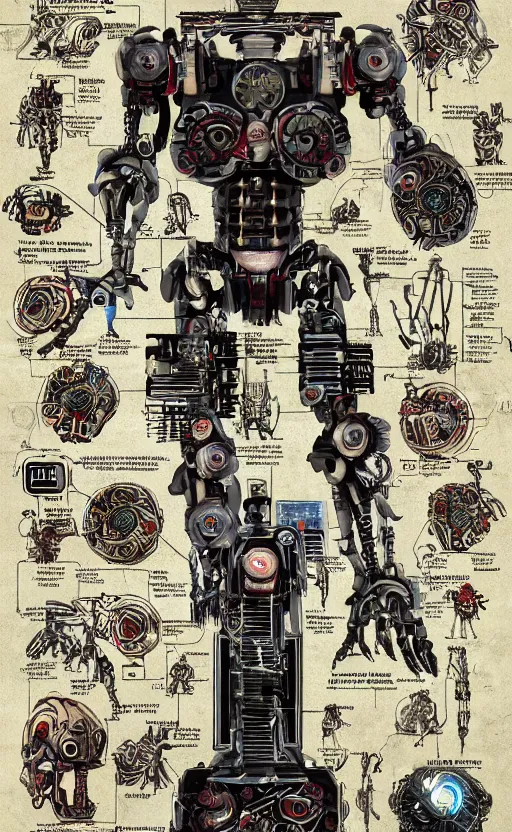 Image similar to anatomy of the terminator, robot, cyborg, t100, bloodborne diagrams, mystical, intricate ornamental tower floral flourishes, rule of thirds, technology meets fantasy, map, infographic, concept art, art station, style of wes anderson