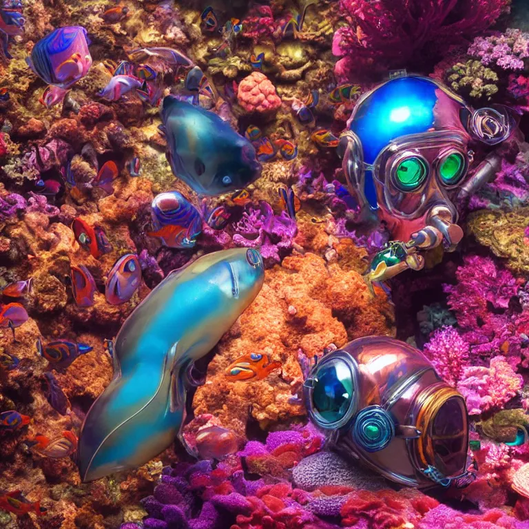 Prompt: octane render portrait by wayne barlow and carlo crivelli and glenn fabry, subject is a shiny reflective psychedelic colorful dieselpunk scuba diver with small dim lights inside helmet, surrounded by bubbles inside an exotic alien coral reef aquarium full of exotic fish and sharks, cinema 4 d, ray traced lighting, very short depth of field, bokeh