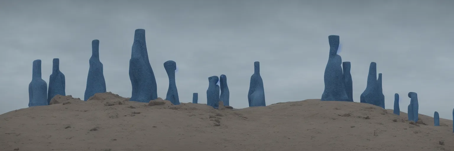 Image similar to towering blue ceramic statues in an en endless blue desert with an overcast sky, cinematic composition, coloured smoke in the distance