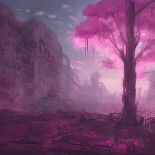 Prompt: apocalyptic ruins. pink tree growing. Atmospheric lighting, gloomy, dark, end of the world, ruins, everything is dead, post apocalyptic. Makoto Shinkai, anime, trending on ArtStation, digital art.