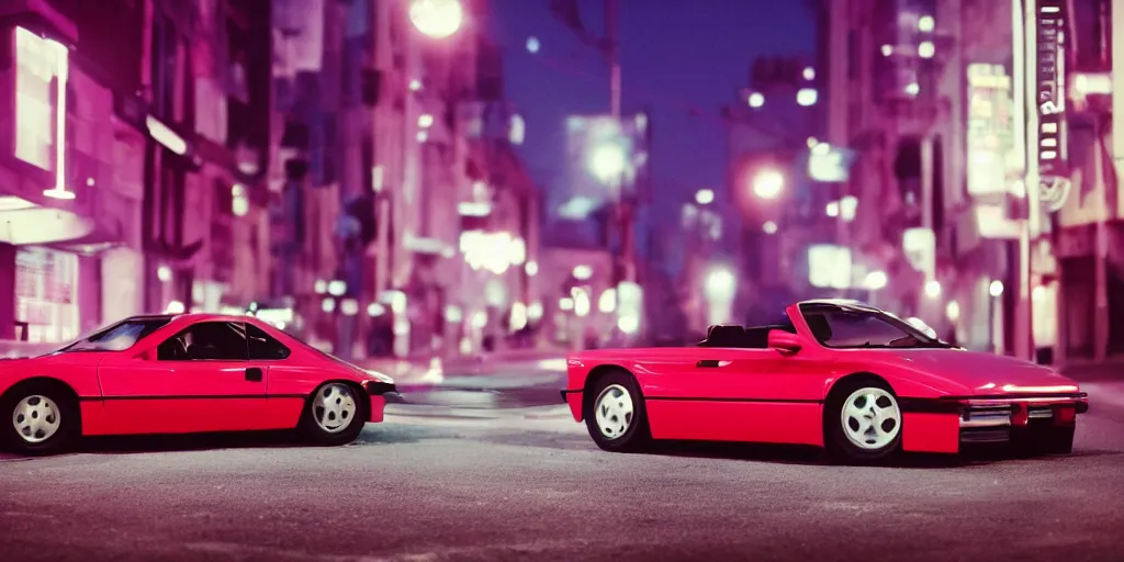 Prompt: 80s red sports car, parked on deserted city street at night time, purple lighted street, wide angle, cinematic, retro-wave vibes, grainy, soft motion blur, VHS Screencap