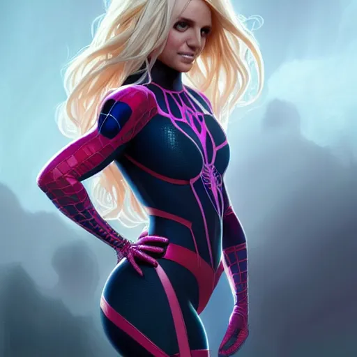 Image similar to beautiful britney spears as spider - gwen, western, closeup, d & d, fantasy, intricate, elegant, highly detailed, digital painting, artstation, concept art, matte, sharp focus, illustration, art by artgerm and greg rutkowski and alphonse mucha