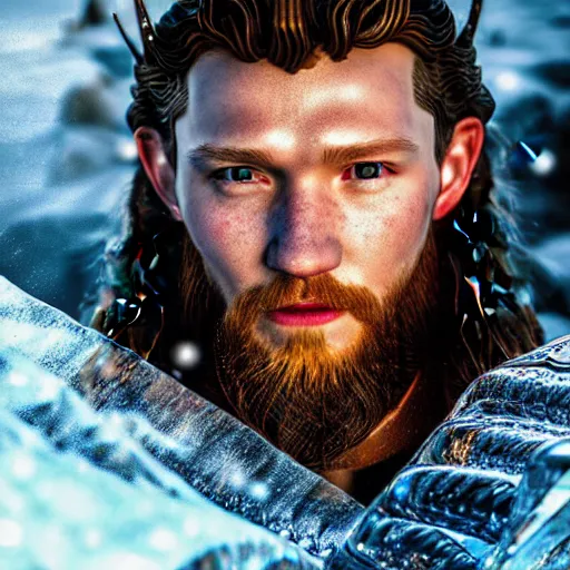 Image similar to photography of a digital art, stunning glare and bloom crystal clear ice statue of tom holland as a viking warrior god. stuning, intricate, complexe. snowy mountains dream landscape. professional digital art, unreal engine 5