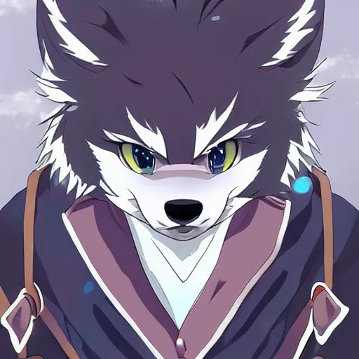 Prompt: key anime visual portrait of a handsome male anthro wolf furry fursona with beautiful eyes, wearing a cool outfit in downtown, official modern animation